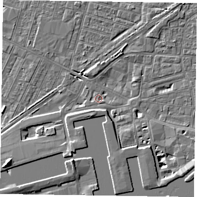 Shaded relief map of the ground around DN145BU, computed from Environment Agency LiDAR. The ground here sits at about 3 m above sea level and falls 8 m across the surrounding 800 m. Surface water reaching this point runs off ground lying to the south, 3.7 m higher.