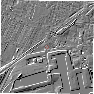 Shaded relief map of the ground around DN145BW, computed from Environment Agency LiDAR. The ground here sits at about 3 m above sea level and falls 8 m across the surrounding 800 m. Surface water reaching this point runs off ground lying to the south, 4.9 m higher.