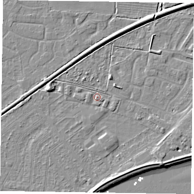 Shaded relief map of the ground around DN145BY, computed from Environment Agency LiDAR. The ground here sits at about 3 m above sea level and falls 7 m across the surrounding 800 m. Surface water reaching this point runs off ground lying to the east-north-east, 2.3 m higher.