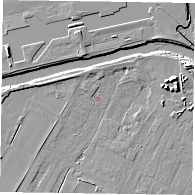 Shaded relief map of the ground around DN145BZ, computed from Environment Agency LiDAR. The ground here sits at about 4 m above sea level and falls 12 m across the surrounding 800 m. Surface water reaching this point runs off ground lying to the north-north-west, 3.0 m higher.