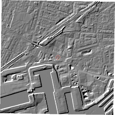 Shaded relief map of the ground around DN145DA, computed from Environment Agency LiDAR. The ground here sits at about 3 m above sea level and falls 8 m across the surrounding 800 m. Surface water reaching this point runs off ground lying to the south-west, 3.6 m higher.