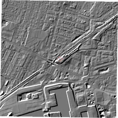 Shaded relief map of the ground around DN145DD, computed from Environment Agency LiDAR. The ground here sits at about 4 m above sea level and falls 8 m across the surrounding 800 m. Surface water reaching this point runs off ground lying to the south-east, 3.2 m higher.