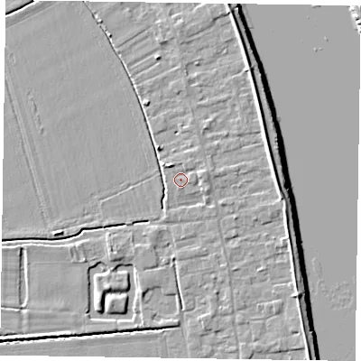 Shaded relief map of the ground around DN145DF, computed from Environment Agency LiDAR. The ground here sits at about 4 m above sea level and falls 6 m across the surrounding 800 m. Surface water reaching this point runs off ground lying to the north-west, 1.6 m higher.