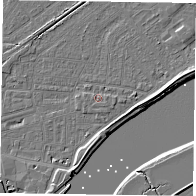 Shaded relief map of the ground around DN145DG, computed from Environment Agency LiDAR. The ground here sits at about 4 m above sea level and falls 7 m across the surrounding 800 m. Surface water reaching this point runs off ground lying to the south-east, 1.5 m higher.