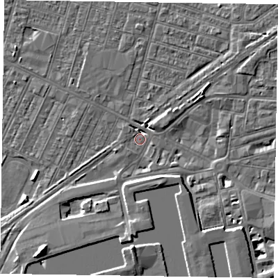 Shaded relief map of the ground around DN145DH, computed from Environment Agency LiDAR. The ground here sits at about 3 m above sea level and falls 8 m across the surrounding 800 m. Surface water reaching this point runs off ground lying to the south, 6.2 m higher.