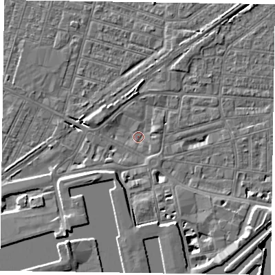 Shaded relief map of the ground around DN145DL, computed from Environment Agency LiDAR. The ground here sits at about 3 m above sea level and falls 8 m across the surrounding 800 m. Surface water reaching this point runs off ground lying to the south-west, 3.7 m higher.