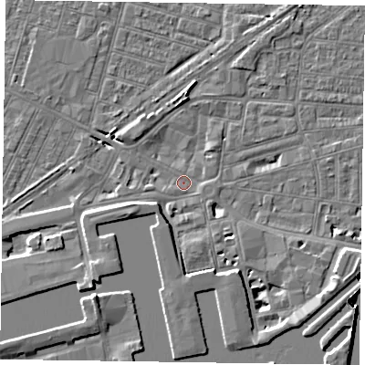Shaded relief map of the ground around DN145DN, computed from Environment Agency LiDAR. The ground here sits at about 3 m above sea level and falls 8 m across the surrounding 800 m. Surface water reaching this point runs off ground lying to the west-south-west, 3.0 m higher.