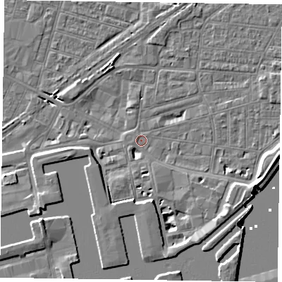 Shaded relief map of the ground around DN145DR, computed from Environment Agency LiDAR. The ground here sits at about 3 m above sea level and falls 8 m across the surrounding 800 m. Surface water reaching this point runs off ground lying to the south, 4.8 m higher.