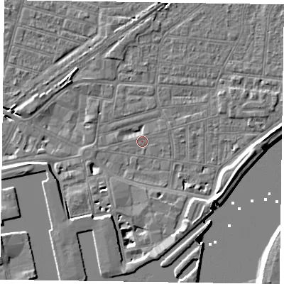 Shaded relief map of the ground around DN145DS, computed from Environment Agency LiDAR. The ground here sits at about 3 m above sea level and falls 7 m across the surrounding 800 m. The ground contributing surface water to this point lies to the east-north-east.