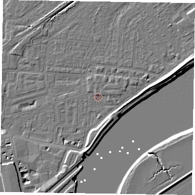 Shaded relief map of the ground around DN145DT, computed from Environment Agency LiDAR. The ground here sits at about 3 m above sea level and falls 7 m across the surrounding 800 m. Surface water reaching this point runs off ground lying to the south, 4.8 m higher.
