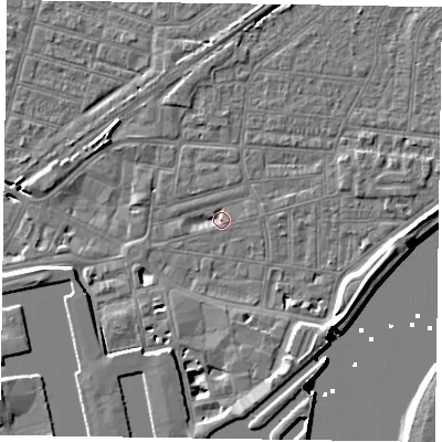 Shaded relief map of the ground around DN145DU, computed from Environment Agency LiDAR. The ground here sits at about 3 m above sea level and falls 7 m across the surrounding 800 m. Surface water reaching this point runs off ground lying to the west-south-west, 1.4 m higher.