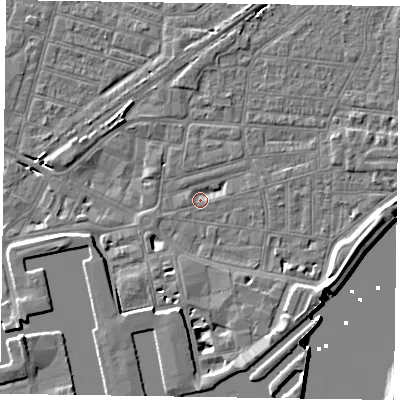 Shaded relief map of the ground around DN145DX, computed from Environment Agency LiDAR. The ground here sits at about 3 m above sea level and falls 8 m across the surrounding 800 m. Surface water reaching this point runs off ground lying to the west, 1.4 m higher.