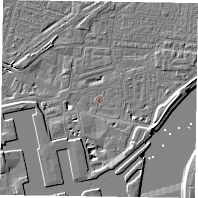 Shaded relief map of the ground around DN145DZ, computed from Environment Agency LiDAR. The ground here sits at about 3 m above sea level and falls 8 m across the surrounding 800 m. Surface water reaching this point runs off ground lying to the south-south-west, 4.5 m higher.