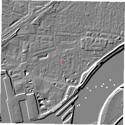 Shaded relief map of the ground around DN145EF, computed from Environment Agency LiDAR. The ground here sits at about 3 m above sea level and falls 7 m across the surrounding 800 m. Surface water reaching this point runs off ground lying to the south, 2.4 m higher.