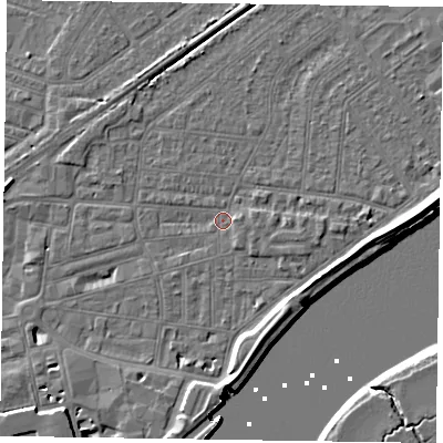 Shaded relief map of the ground around DN145EN, computed from Environment Agency LiDAR. The ground here sits at about 3 m above sea level and falls 7 m across the surrounding 800 m. Surface water reaching this point runs off ground lying to the south-west, 4.8 m higher.