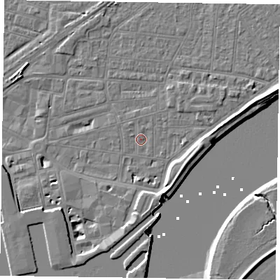 Shaded relief map of the ground around DN145ES, computed from Environment Agency LiDAR. The ground here sits at about 3 m above sea level and falls 7 m across the surrounding 800 m. Surface water reaching this point runs off ground lying to the south-south-west, 2.4 m higher.