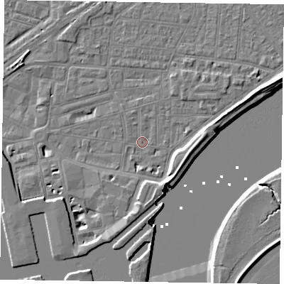 Shaded relief map of the ground around DN145ET, computed from Environment Agency LiDAR. The ground here sits at about 3 m above sea level and falls 7 m across the surrounding 800 m. Surface water reaching this point runs off ground lying to the south-south-west, 2.4 m higher.