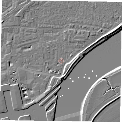 Shaded relief map of the ground around DN145EU, computed from Environment Agency LiDAR. The ground here sits at about 3 m above sea level and falls 7 m across the surrounding 800 m. Surface water reaching this point runs off ground lying to the south-west, 2.4 m higher.