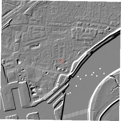 Shaded relief map of the ground around DN145EX, computed from Environment Agency LiDAR. The ground here sits at about 3 m above sea level and falls 7 m across the surrounding 800 m. Surface water reaching this point runs off ground lying to the south-south-west, 2.4 m higher.