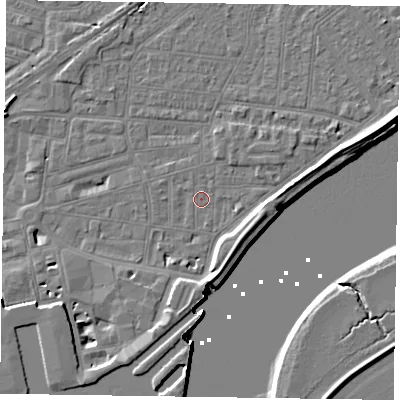 Shaded relief map of the ground around DN145EY, computed from Environment Agency LiDAR. The ground here sits at about 3 m above sea level and falls 7 m across the surrounding 800 m. Surface water reaching this point runs off ground lying to the south-south-west, 2.4 m higher.