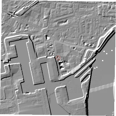 Shaded relief map of the ground around DN145FA, computed from Environment Agency LiDAR. The ground here sits at about 4 m above sea level and falls 8 m across the surrounding 800 m. Surface water reaching this point runs off ground lying to the west, 4.5 m higher.