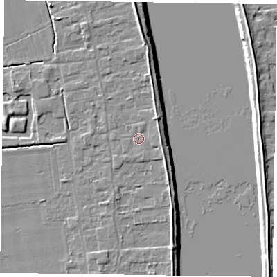Shaded relief map of the ground around DN145FB, computed from Environment Agency LiDAR. The ground here sits at about 4 m above sea level and falls 7 m across the surrounding 800 m. Surface water reaching this point runs off ground lying to the north-east, 2.5 m higher.