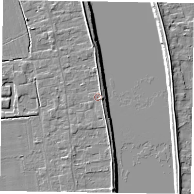 Shaded relief map of the ground around DN145FE, computed from Environment Agency LiDAR. The ground here sits at about 5 m above sea level and falls 7 m across the surrounding 800 m. Surface water reaching this point runs off ground lying to the north-east, 1.9 m higher.