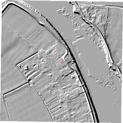 Shaded relief map of the ground around DN145FF, computed from Environment Agency LiDAR. The ground here sits at about 5 m above sea level and falls 6 m across the surrounding 800 m. Surface water reaching this point runs off ground lying to the north-east, 2.1 m higher.