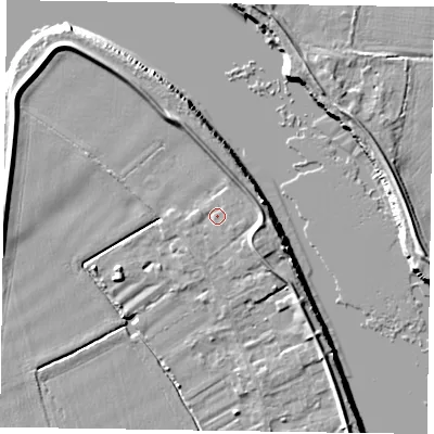 Shaded relief map of the ground around DN145FG, computed from Environment Agency LiDAR. The ground here sits at about 5 m above sea level and falls 6 m across the surrounding 800 m. Surface water reaching this point runs off ground lying to the east, 2.6 m higher.