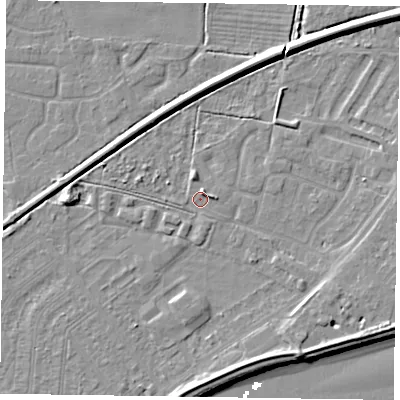 Shaded relief map of the ground around DN145FH, computed from Environment Agency LiDAR. The ground here sits at about 2 m above sea level and falls 8 m across the surrounding 800 m. Surface water reaching this point runs off ground lying to the north-north-east, 1.9 m higher.