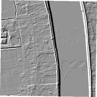 Shaded relief map of the ground around DN145FJ, computed from Environment Agency LiDAR. The ground here sits at about 5 m above sea level and falls 7 m across the surrounding 800 m. Surface water reaching this point runs off ground lying to the east-north-east, 1.8 m higher.