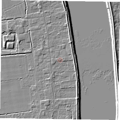 Shaded relief map of the ground around DN145FN, computed from Environment Agency LiDAR. The ground here sits at about 5 m above sea level and falls 7 m across the surrounding 800 m. Surface water reaching this point runs off ground lying to the west-south-west, 1.1 m higher.