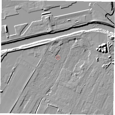 Shaded relief map of the ground around DN145FP, computed from Environment Agency LiDAR. The ground here sits at about 4 m above sea level and falls 12 m across the surrounding 800 m. Surface water reaching this point runs off ground lying to the north, 3.0 m higher.