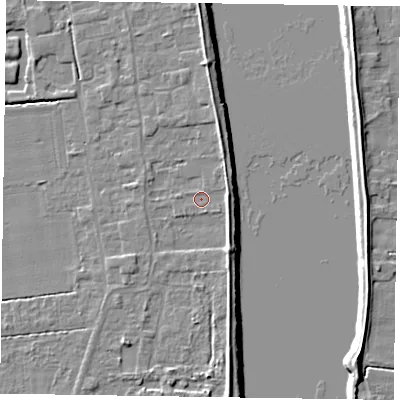 Shaded relief map of the ground around DN145FQ, computed from Environment Agency LiDAR. The ground here sits at about 4 m above sea level and falls 7 m across the surrounding 800 m. Surface water reaching this point runs off ground lying to the north-north-east, 2.6 m higher.