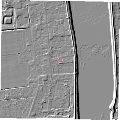 Shaded relief map of the ground around DN145FR, computed from Environment Agency LiDAR. The ground here sits at about 4 m above sea level and falls 8 m across the surrounding 800 m. Surface water reaching this point runs off ground lying to the north-north-east, 2.6 m higher.