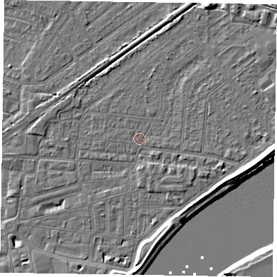 Shaded relief map of the ground around DN145HD, computed from Environment Agency LiDAR. The ground here sits at about 3 m above sea level and falls 7 m across the surrounding 800 m. Surface water reaching this point runs off ground lying to the south-west, 3.1 m higher.