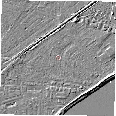 Shaded relief map of the ground around DN145HE, computed from Environment Agency LiDAR. The ground here sits at about 3 m above sea level and falls 7 m across the surrounding 800 m. Surface water reaching this point runs off ground lying to the south-south-east, 4.1 m higher.