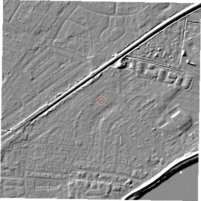Shaded relief map of the ground around DN145HF, computed from Environment Agency LiDAR. The ground here sits at about 3 m above sea level and falls 7 m across the surrounding 800 m. Surface water reaching this point runs off ground lying to the south, 1.7 m higher.