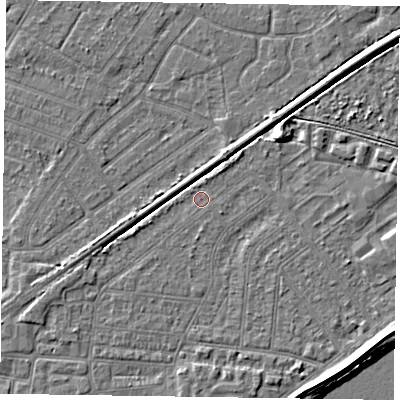 Shaded relief map of the ground around DN145HL, computed from Environment Agency LiDAR. The ground here sits at about 3 m above sea level and falls 7 m across the surrounding 800 m. Surface water reaching this point runs off ground lying to the west-south-west, 2.4 m higher.