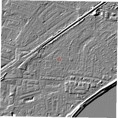 Shaded relief map of the ground around DN145HP, computed from Environment Agency LiDAR. The ground here sits at about 3 m above sea level and falls 7 m across the surrounding 800 m. The ground contributing surface water to this point lies to the west.