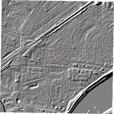 Shaded relief map of the ground around DN145HR, computed from Environment Agency LiDAR. The ground here sits at about 3 m above sea level and falls 7 m across the surrounding 800 m. The ground contributing surface water to this point lies to the west.