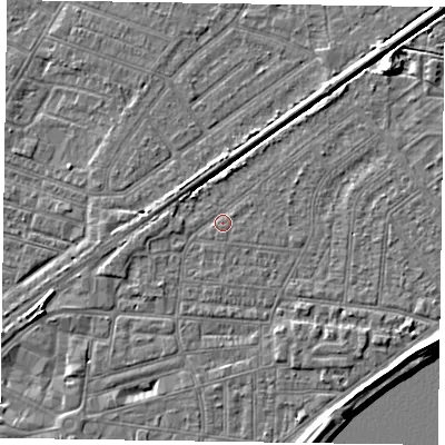 Shaded relief map of the ground around DN145HW, computed from Environment Agency LiDAR. The ground here sits at about 3 m above sea level and falls 7 m across the surrounding 800 m. Surface water reaching this point runs off ground lying to the west-south-west, 1.2 m higher.