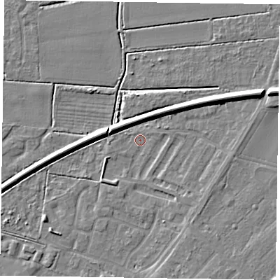 Shaded relief map of the ground around DN145HX, computed from Environment Agency LiDAR. The ground here sits at about 2 m above sea level and falls 8 m across the surrounding 800 m. Surface water reaching this point runs off ground lying to the east-north-east, 6.8 m higher.
