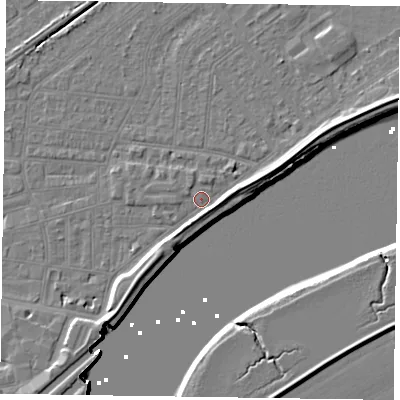 Shaded relief map of the ground around DN145JB, computed from Environment Agency LiDAR. The ground here sits at about 3 m above sea level and falls 7 m across the surrounding 800 m. Surface water reaching this point runs off ground lying to the south-west, 4.8 m higher.