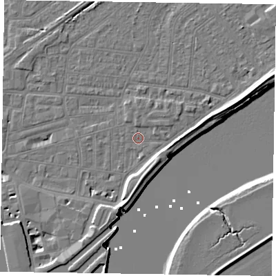 Shaded relief map of the ground around DN145JF, computed from Environment Agency LiDAR. The ground here sits at about 3 m above sea level and falls 7 m across the surrounding 800 m. Surface water reaching this point runs off ground lying to the south, 4.8 m higher.