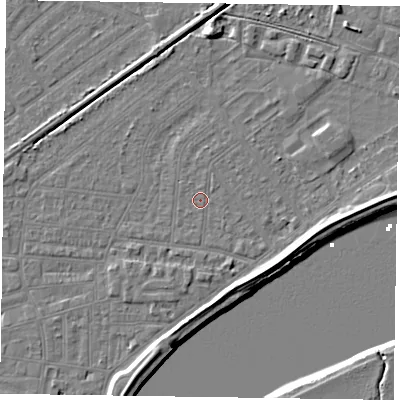 Shaded relief map of the ground around DN145JL, computed from Environment Agency LiDAR. The ground here sits at about 3 m above sea level and falls 7 m across the surrounding 800 m. The ground contributing surface water to this point lies to the south-south-west.