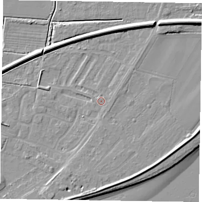Shaded relief map of the ground around DN145LA, computed from Environment Agency LiDAR. The ground here sits at about 4 m above sea level and falls 9 m across the surrounding 800 m. Surface water reaching this point runs off ground lying to the east-south-east, 0.9 m higher.