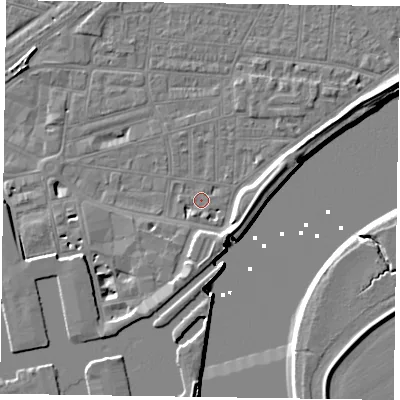 Shaded relief map of the ground around DN145LB, computed from Environment Agency LiDAR. The ground here sits at about 3 m above sea level and falls 7 m across the surrounding 800 m. Surface water reaching this point runs off ground lying to the south-south-west, 2.0 m higher.