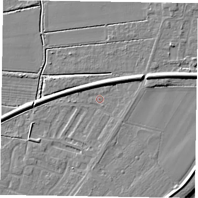Shaded relief map of the ground around DN145LD, computed from Environment Agency LiDAR. The ground here sits at about 3 m above sea level and falls 9 m across the surrounding 800 m. Surface water reaching this point runs off ground lying to the east-north-east, 5.5 m higher.