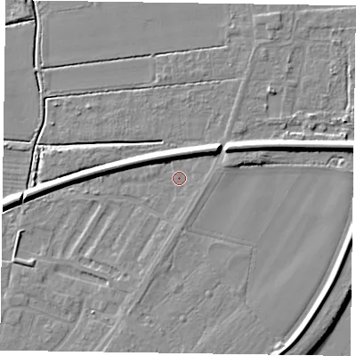 Shaded relief map of the ground around DN145LE, computed from Environment Agency LiDAR. The ground here sits at about 4 m above sea level and falls 10 m across the surrounding 800 m. Surface water reaching this point runs off ground lying to the north-east, 5.2 m higher.